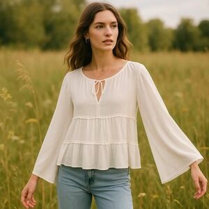 Loft Ann Taylor White Peasant Tie Neck Wide Sleeve Boho Indie Sleaze Shirt Lar